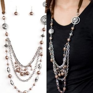Multilayered silver and brown pearl necklace
